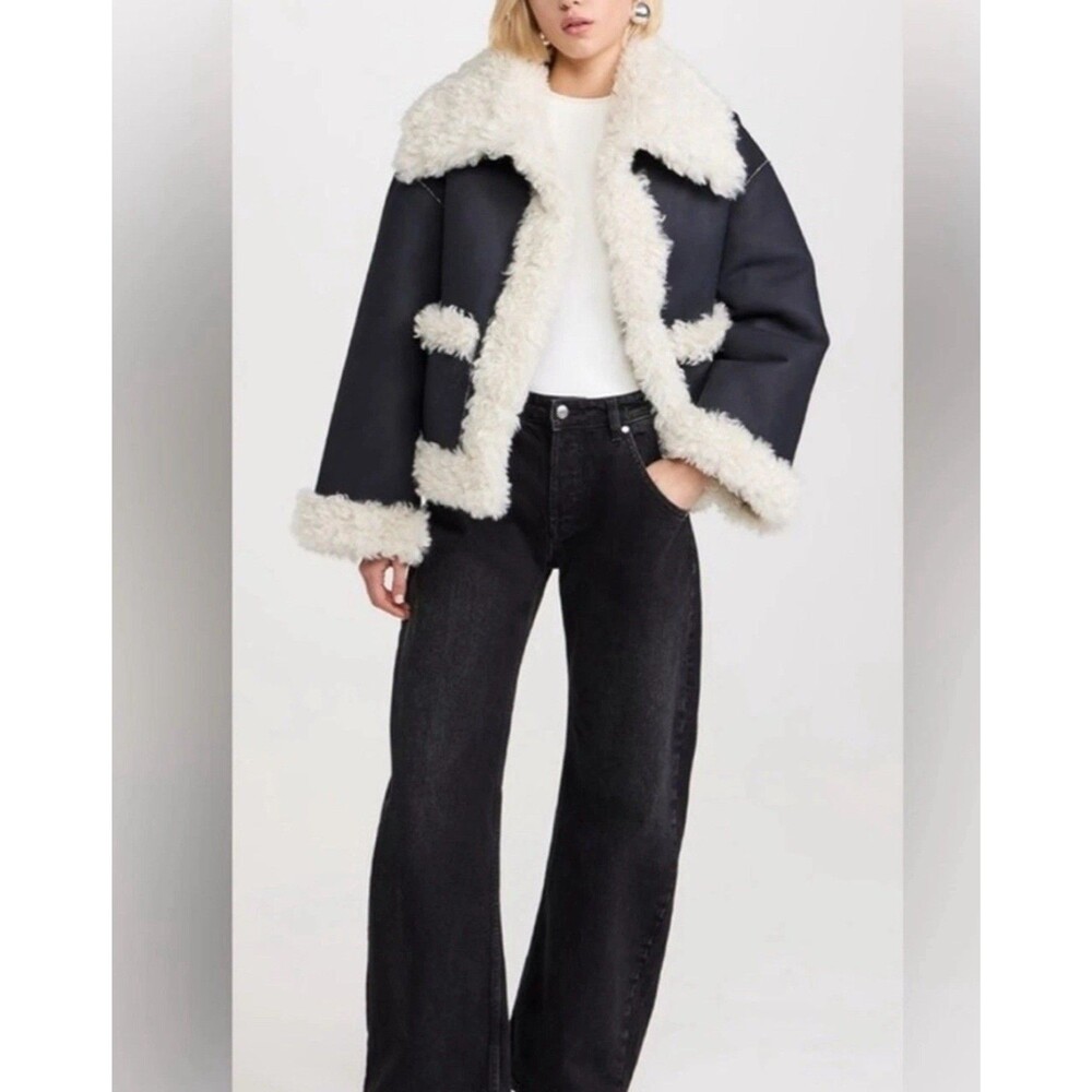 Free People Kiki Sherpa Vegan Leather Bomber Jacket Boxy Winter NWT SMALL